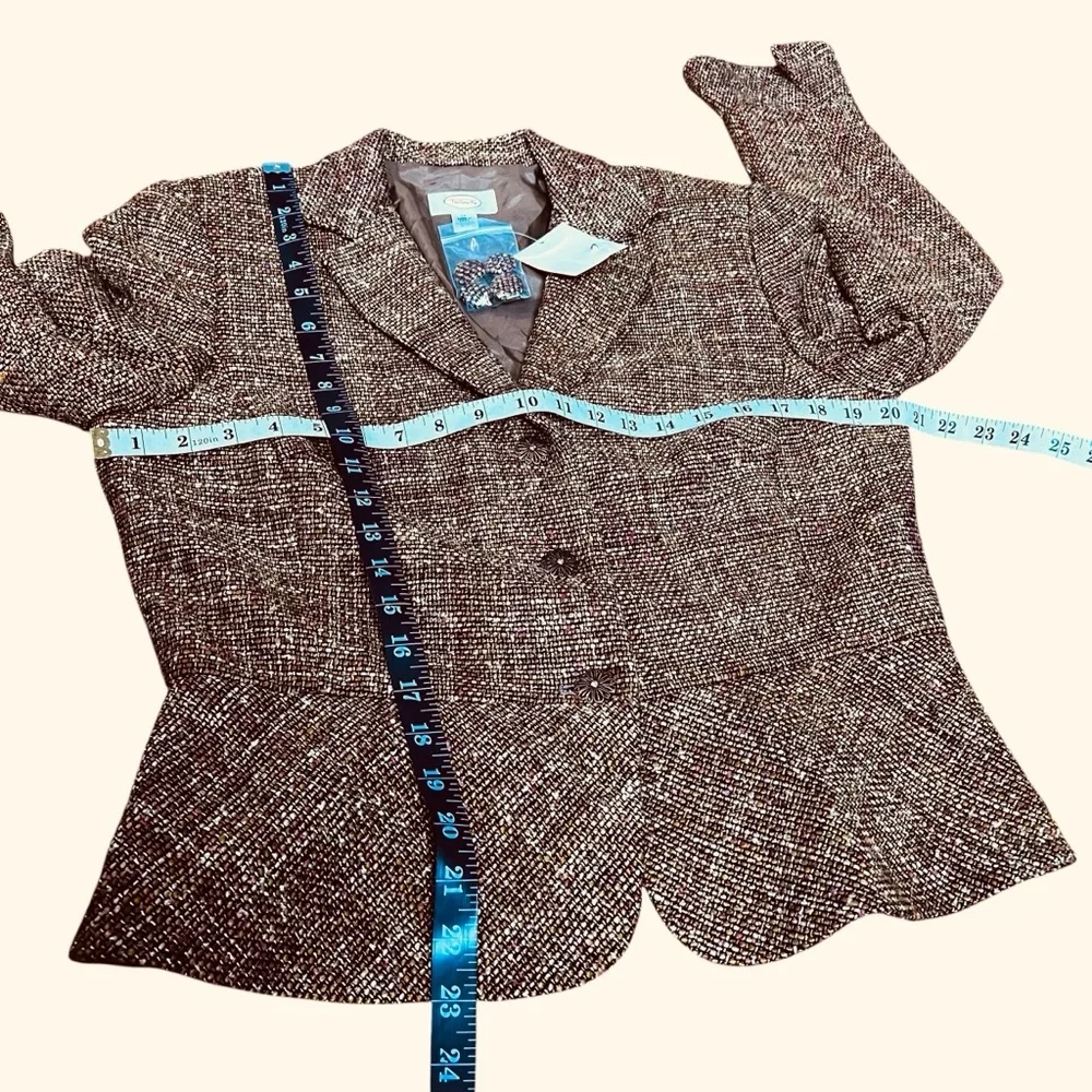TALBOTS Tweed Brown Tan Green Crop Lined Blazer with Peplum Silk Blend SZ 14 - Picture 5 of 12